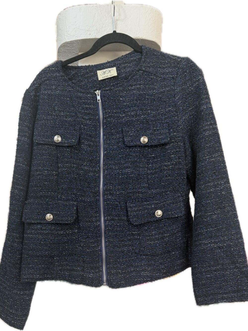 Anna Kay Navy, black & silver Tweed Zip-Front Jacket with Silver-Tone Buttons 8
